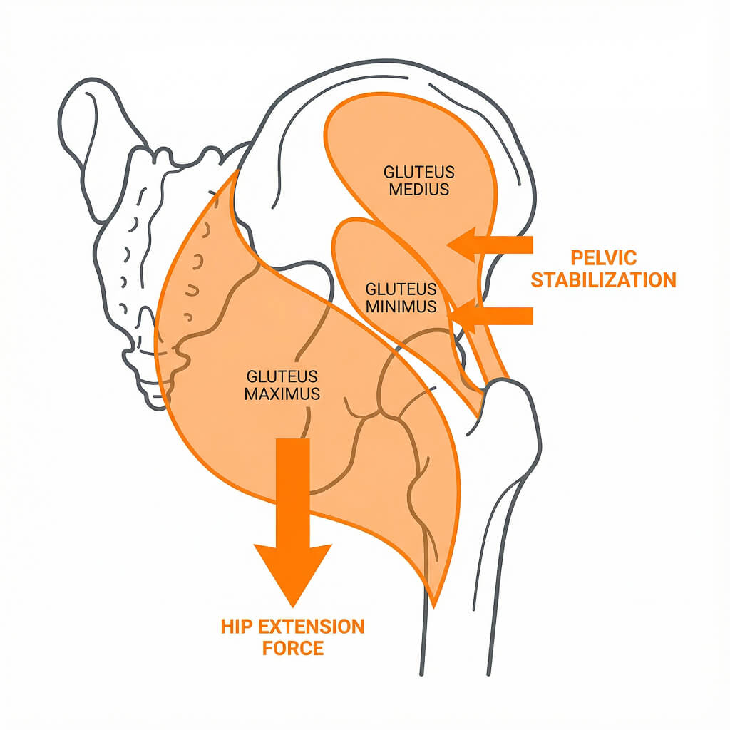 Glute muscle function showing hip extension force and pelvic stability