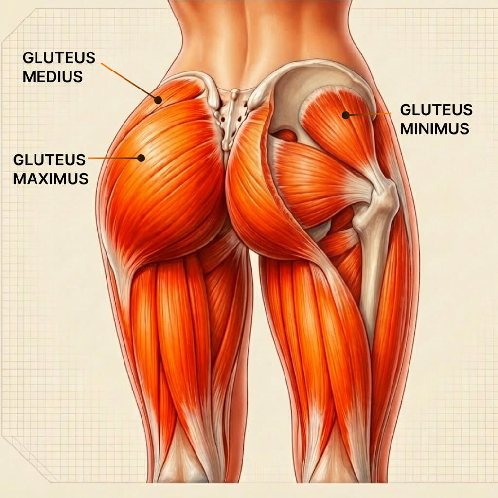 Glute muscle function showing hip extension force and pelvic stability