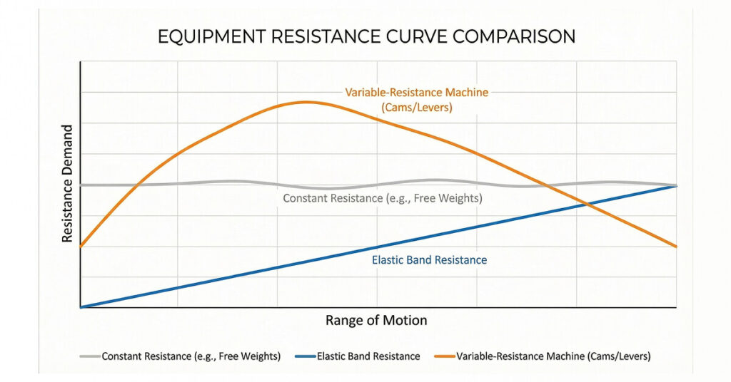 Comparison of constant, elastic band, and variable-resistance load curves