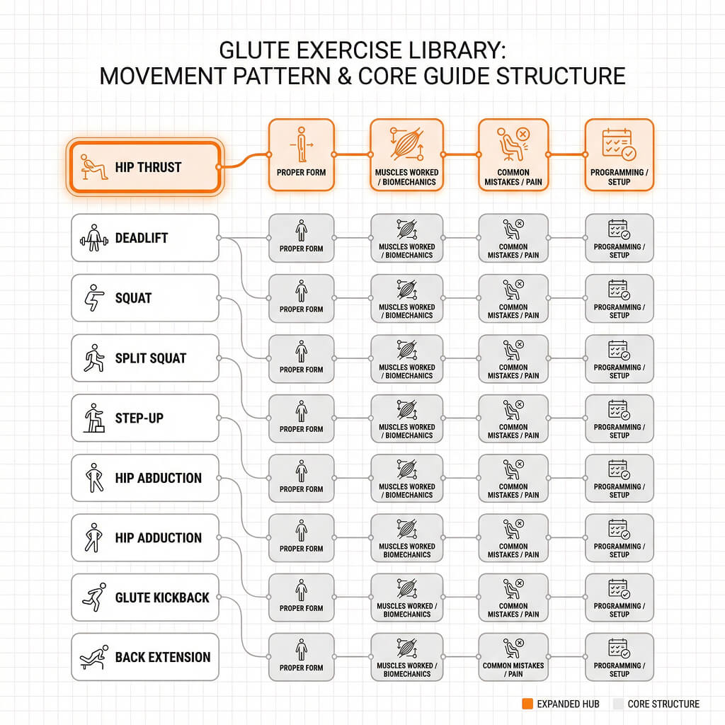 Glute exercise library map showing movement patterns and core guide structure for each exercise