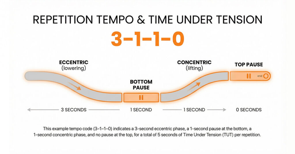 Repetition tempo timeline showing eccentric, pause, concentric, and pause phases