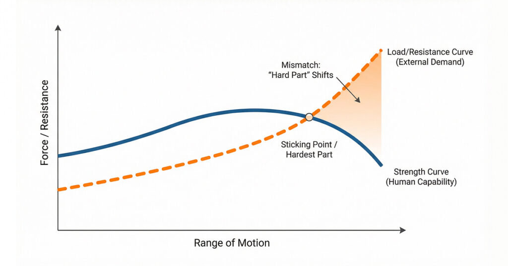 Chart comparing a strength curve and a load curve across range of motion